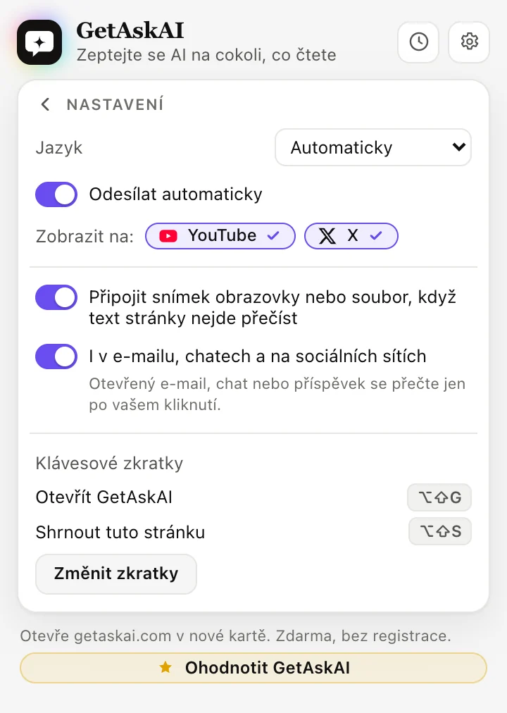 Nastavení rozšíření GetAskAI: jazyk, Odesílat automaticky, YouTube a X, klávesové zkratky
