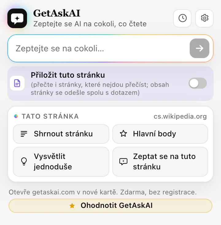 Okno rozšíření GetAskAI: Shrnout stránku, Hlavní body, Vysvětlit jednoduše a Zeptat se na tuto stránku