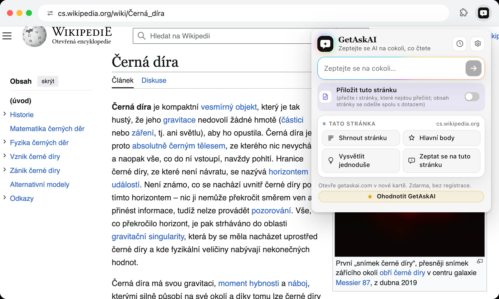 Rozšíření GetAskAI otevřené na stránce Wikipedie: tlačítka Shrnout stránku, Hlavní body a Vysvětlit jednoduše