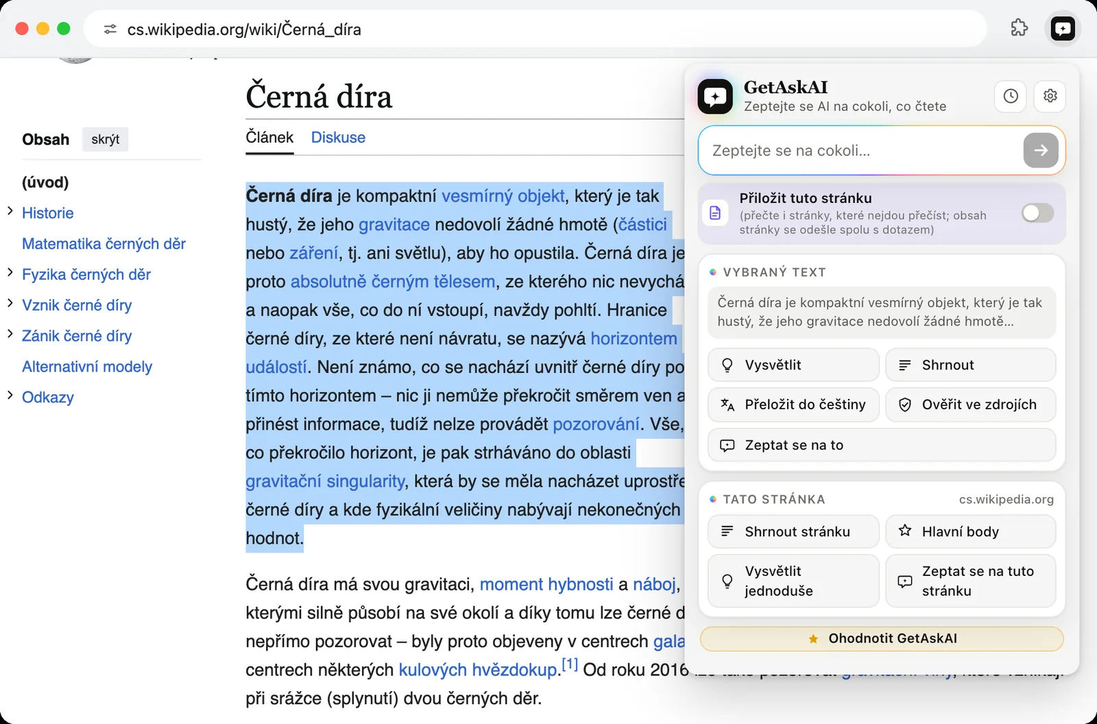 Označený odstavec na Wikipedii a tlačítka GetAskAI Vysvětlit, Shrnout, Přeložit do češtiny, Ověřit ve zdrojích