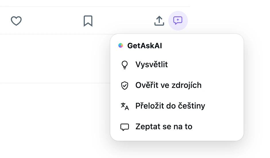 Nabídka GetAskAI pod příspěvkem na X: Vysvětlit, Ověřit ve zdrojích, Přeložit do češtiny, Zeptat se na to