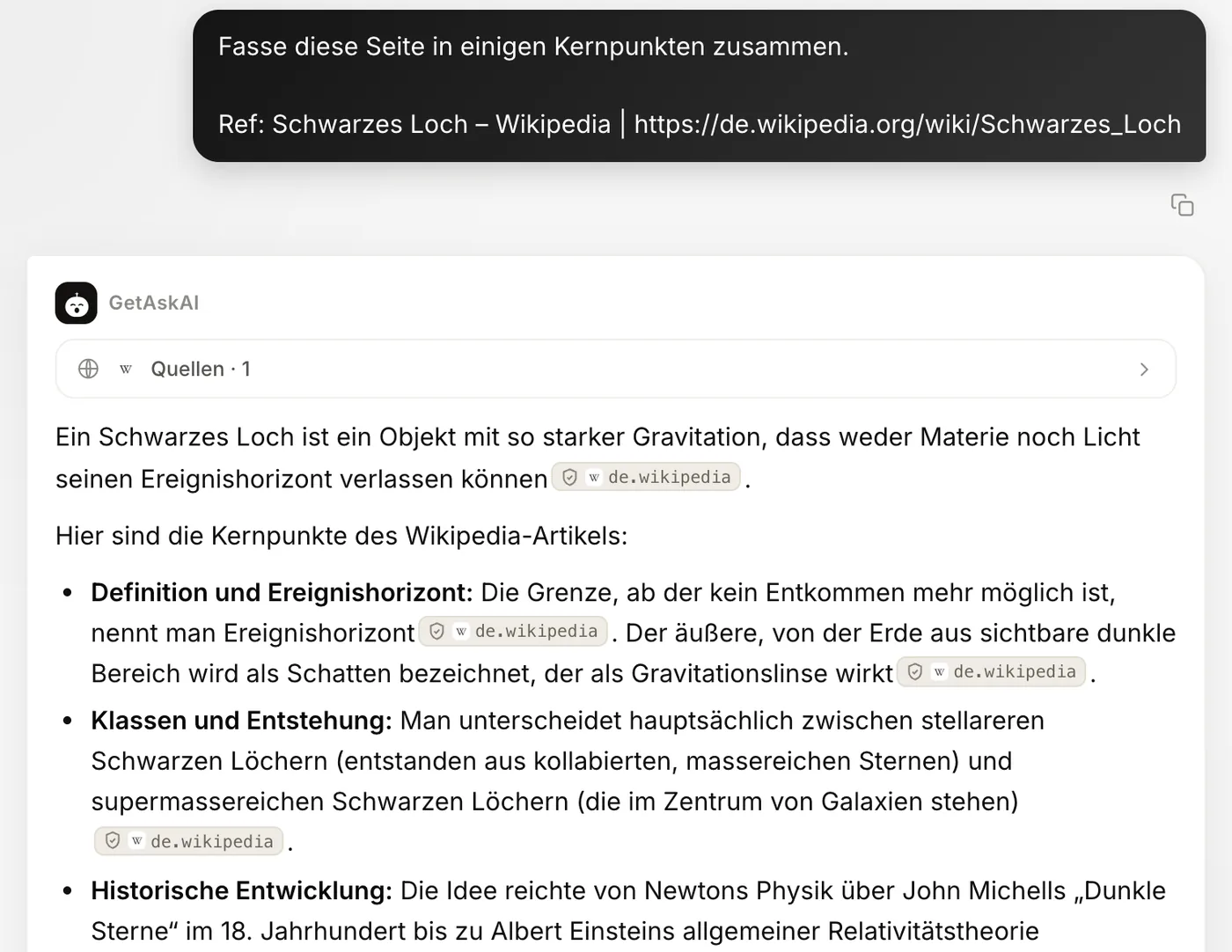 Zusammenfassung einer Wikipedia-Seite in Stichpunkten mit Quellenlabels auf getaskai.com