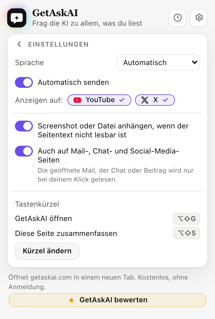 GetAskAI-Einstellungen: Sprache, Automatisch senden, YouTube und X, Tastenkürzel
