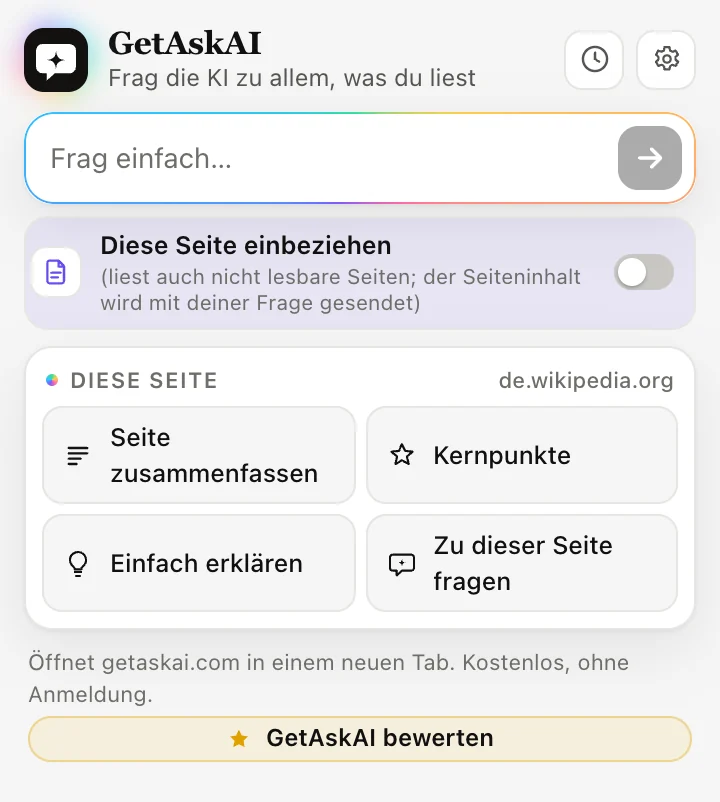 GetAskAI-Fenster der Erweiterung: Seite zusammenfassen, Kernpunkte, Einfach erklären und Zu dieser Seite fragen