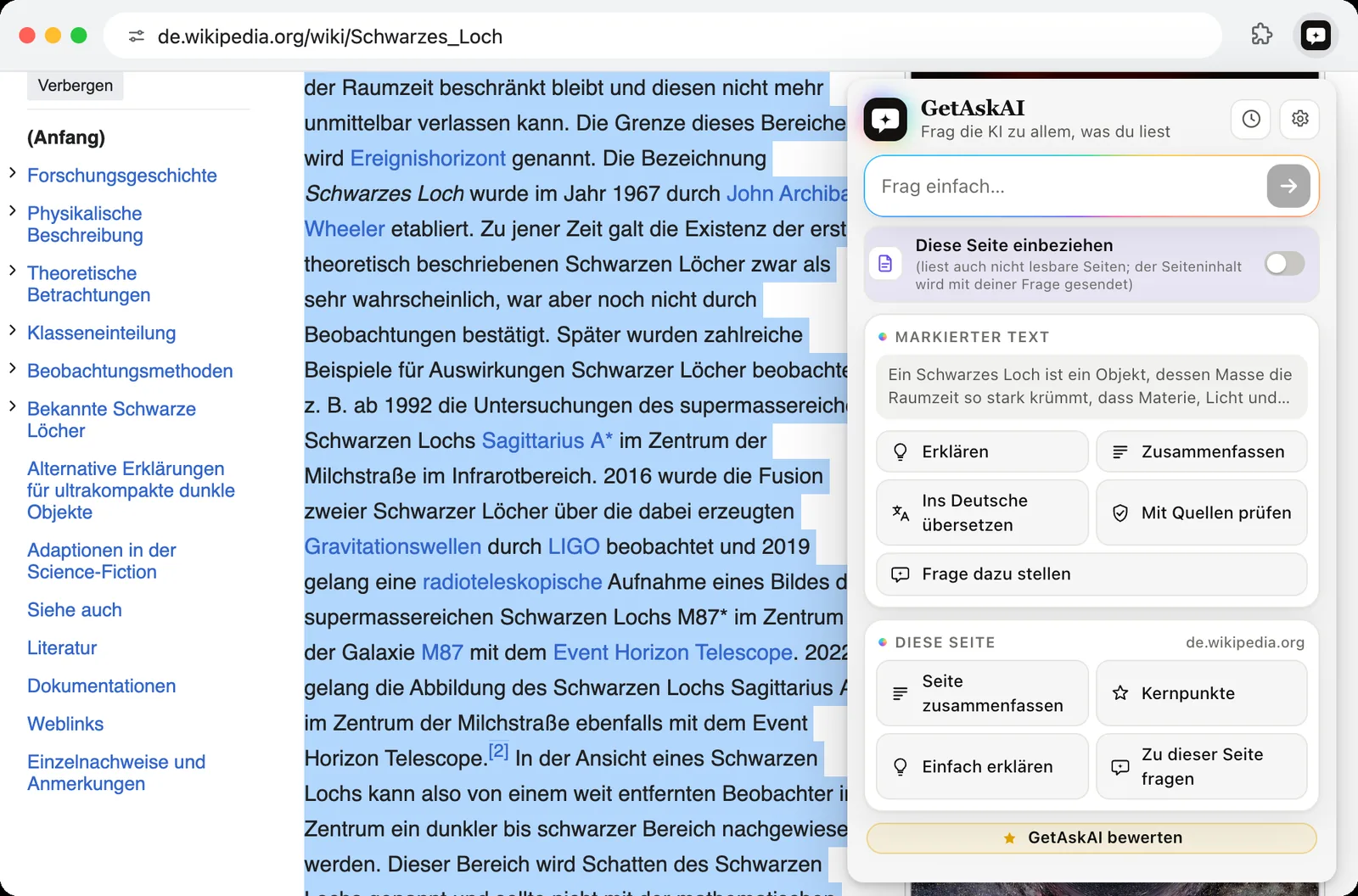 Markierter Absatz auf Wikipedia und die GetAskAI-Schaltflächen Erklären, Zusammenfassen, Ins Deutsche übersetzen, Mit Quellen prüfen
