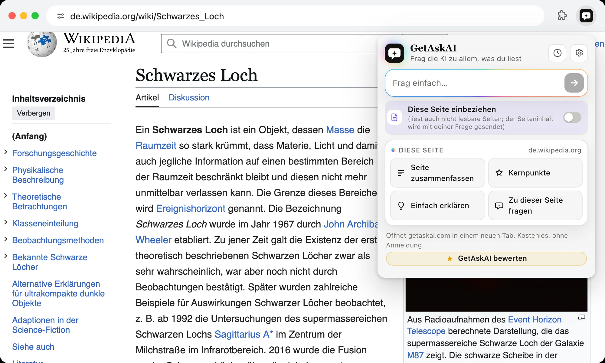 GetAskAI-Erweiterung geöffnet: auf einer Wikipedia-Seite die Schaltflächen Seite zusammenfassen, Kernpunkte und Einfach erklären