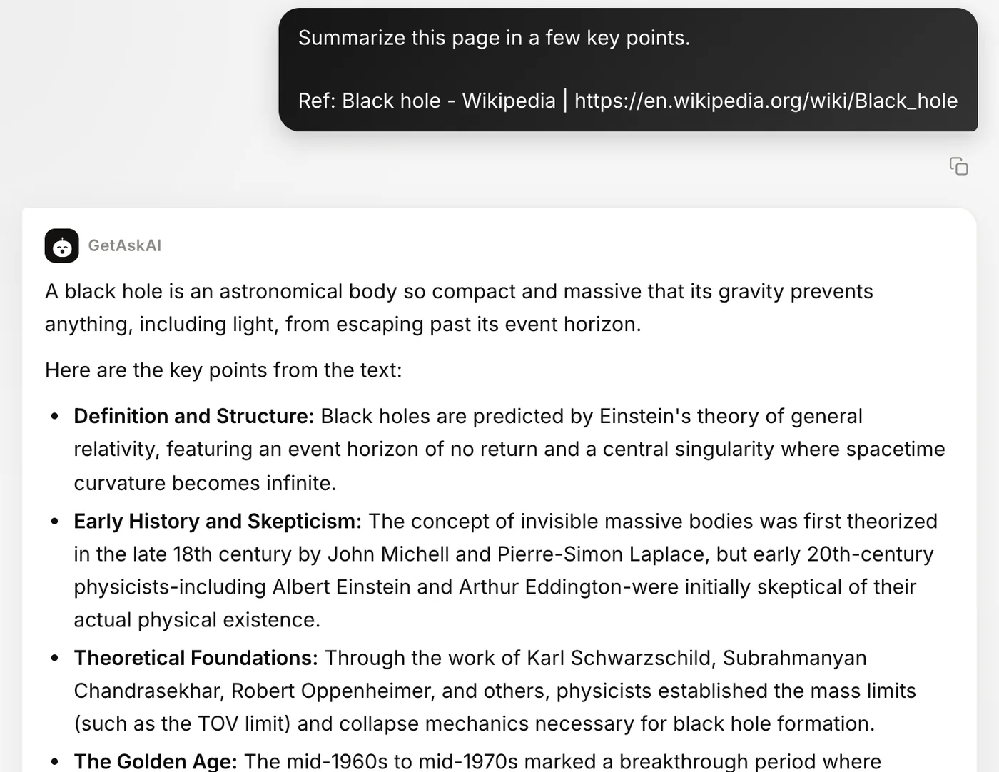 A bulleted summary of a Wikipedia page on getaskai.com with source tags