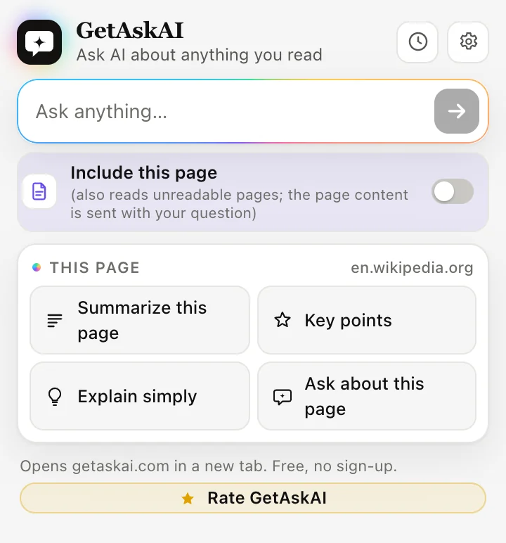 GetAskAI extension popup: Summarize this page, Key points, Explain simply and Ask about this page