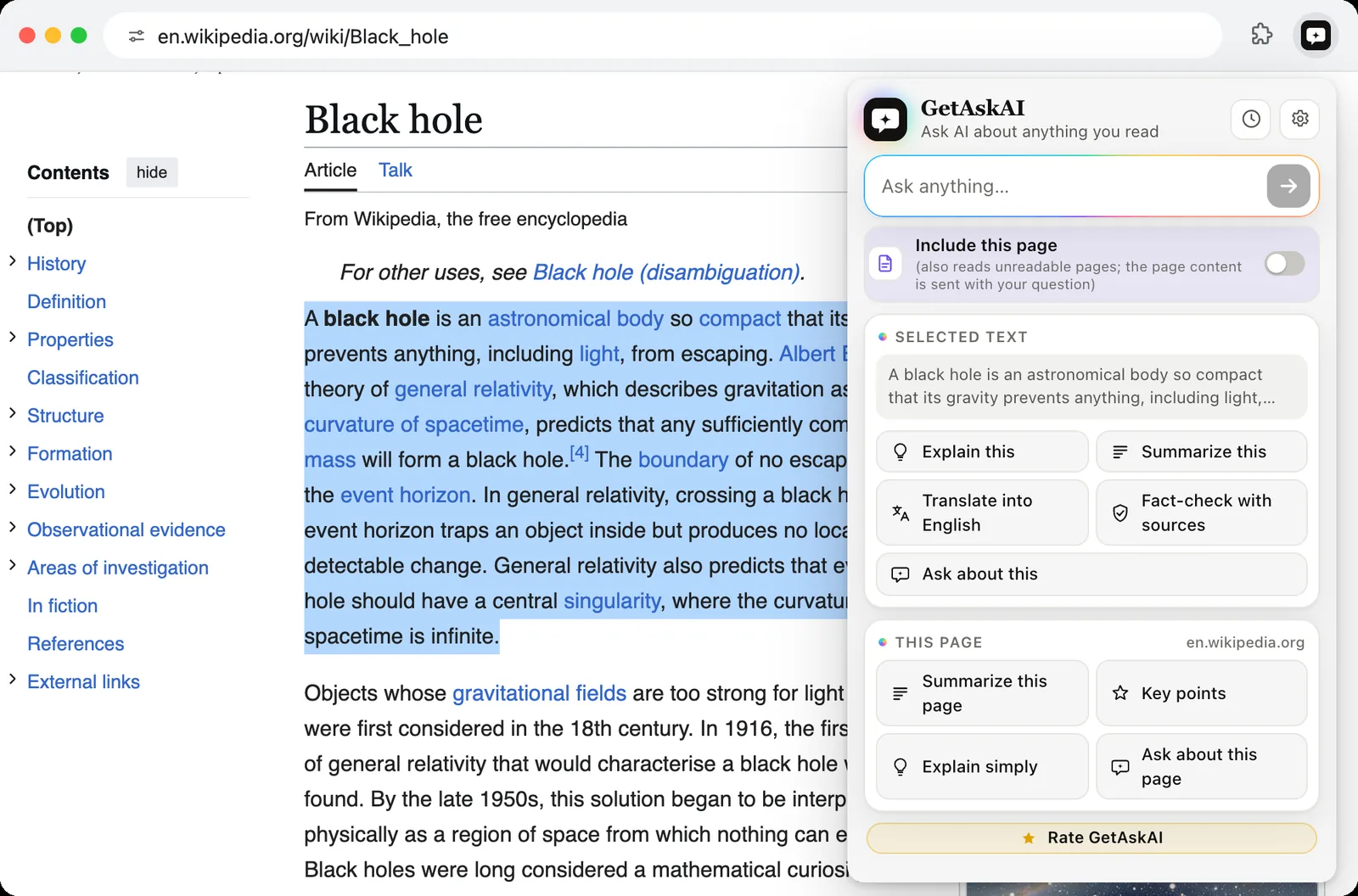 A paragraph selected on Wikipedia with GetAskAI's Explain this, Summarize this, Translate into English and Fact-check with sources buttons