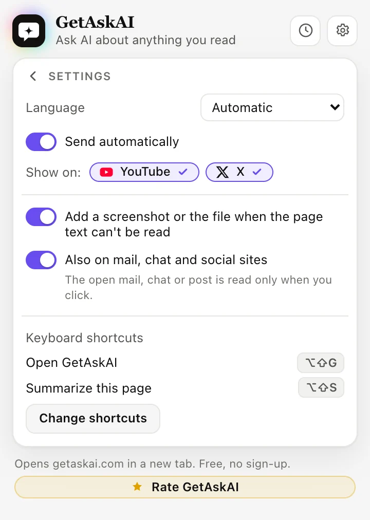 GetAskAI extension settings: language, Send automatically, YouTube and X, keyboard shortcuts