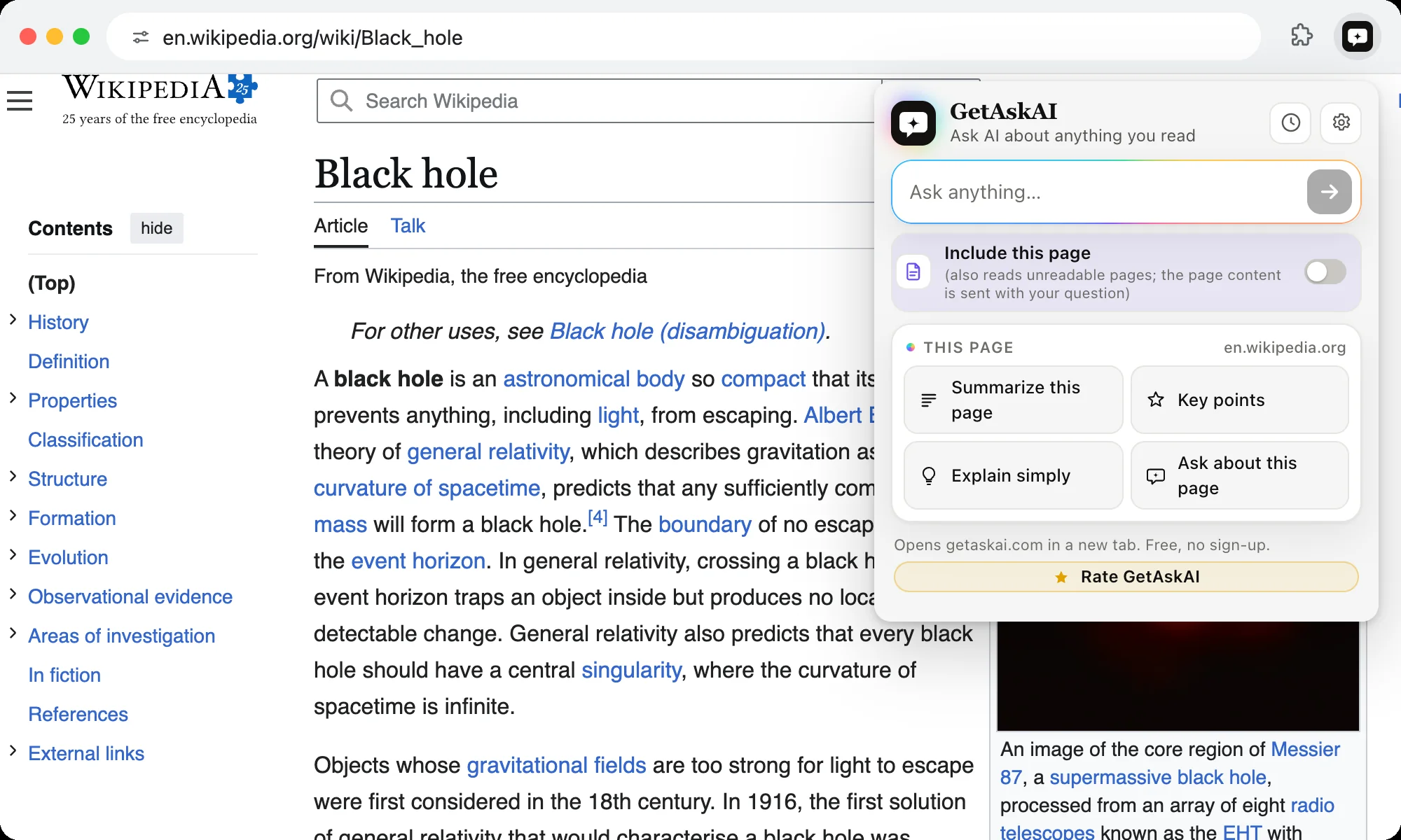 GetAskAI extension open on a Wikipedia page, showing the Summarize this page, Key points and Explain simply buttons