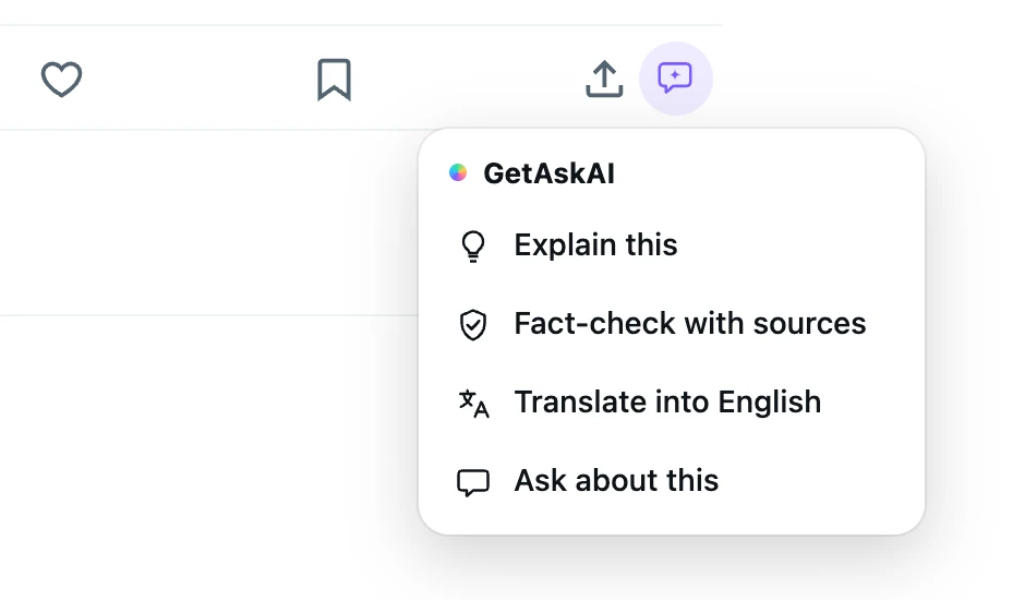 GetAskAI menu under an X post: Explain this, Fact-check with sources, Translate into English, Ask about this