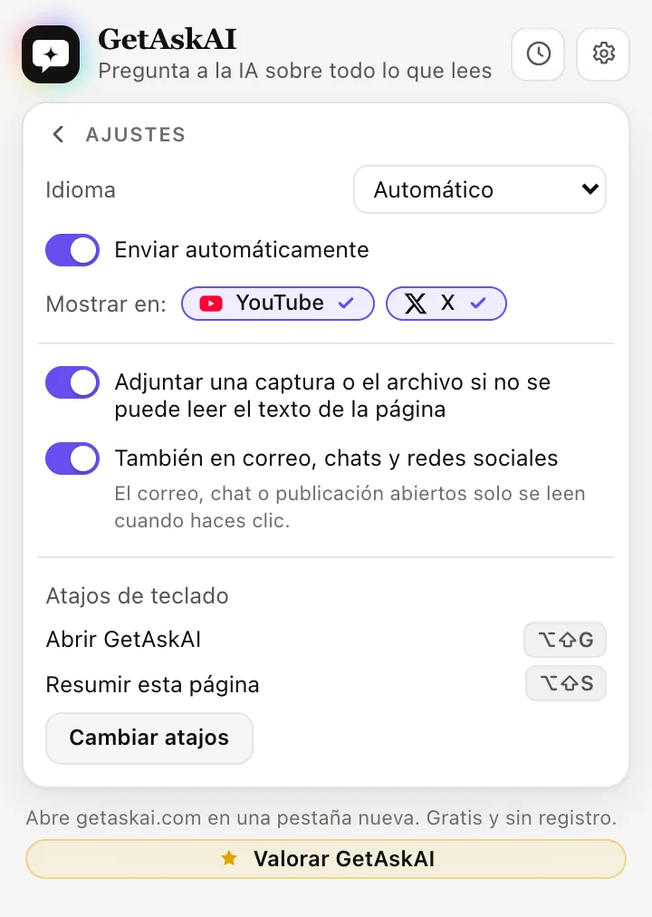 Ajustes de la extensión GetAskAI: idioma, Enviar automáticamente, YouTube y X, atajos de teclado