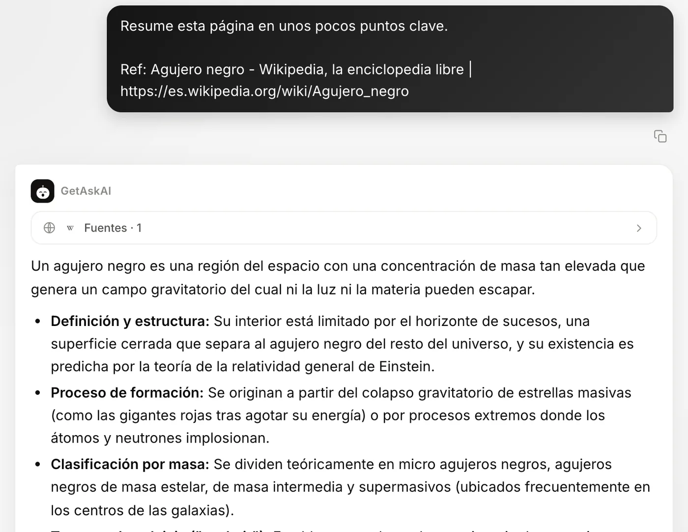 Resumen en viñetas de una página de Wikipedia en getaskai.com, con etiquetas de fuente