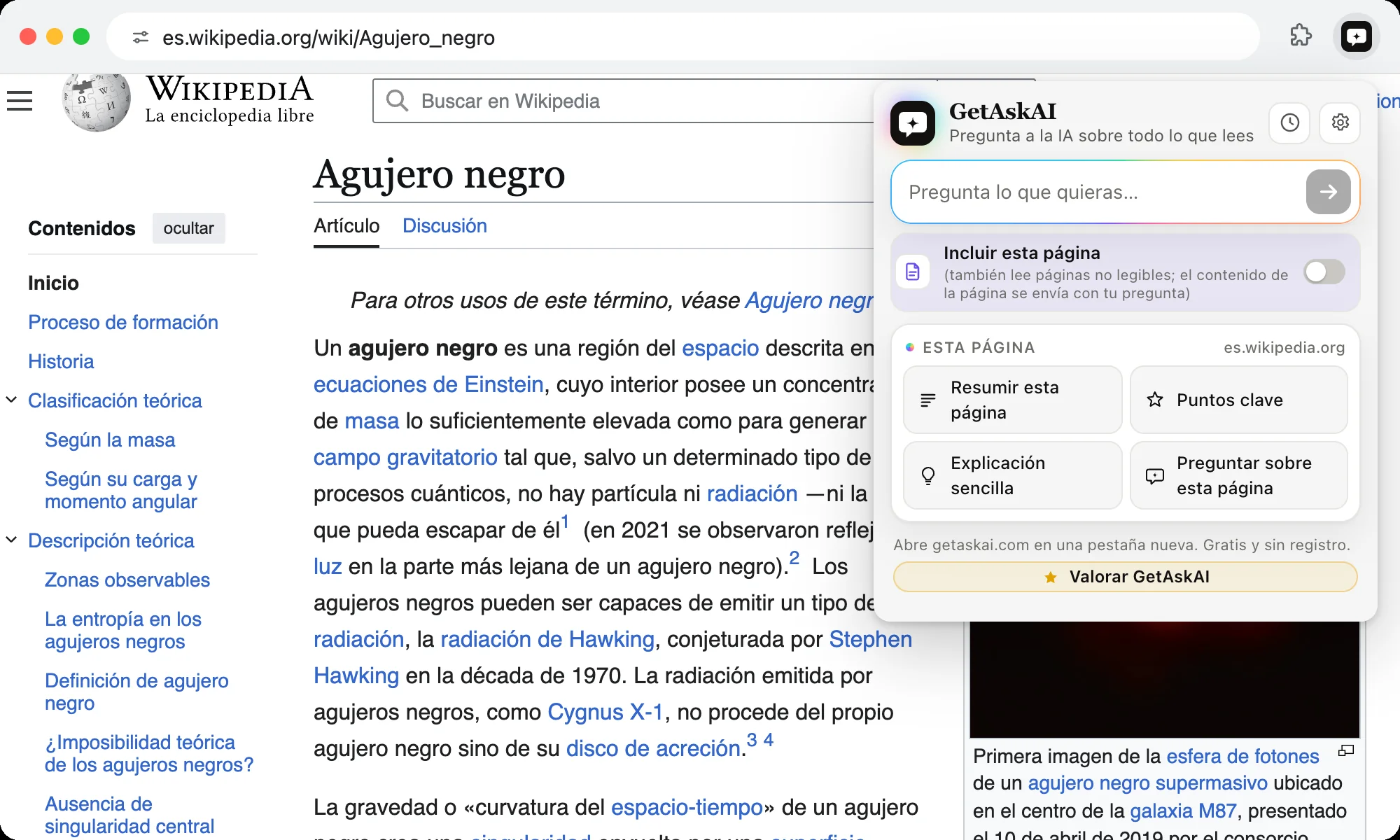 Extensión GetAskAI abierta en un artículo de Wikipedia con los botones Resumir esta página, Puntos clave y Explicación sencilla