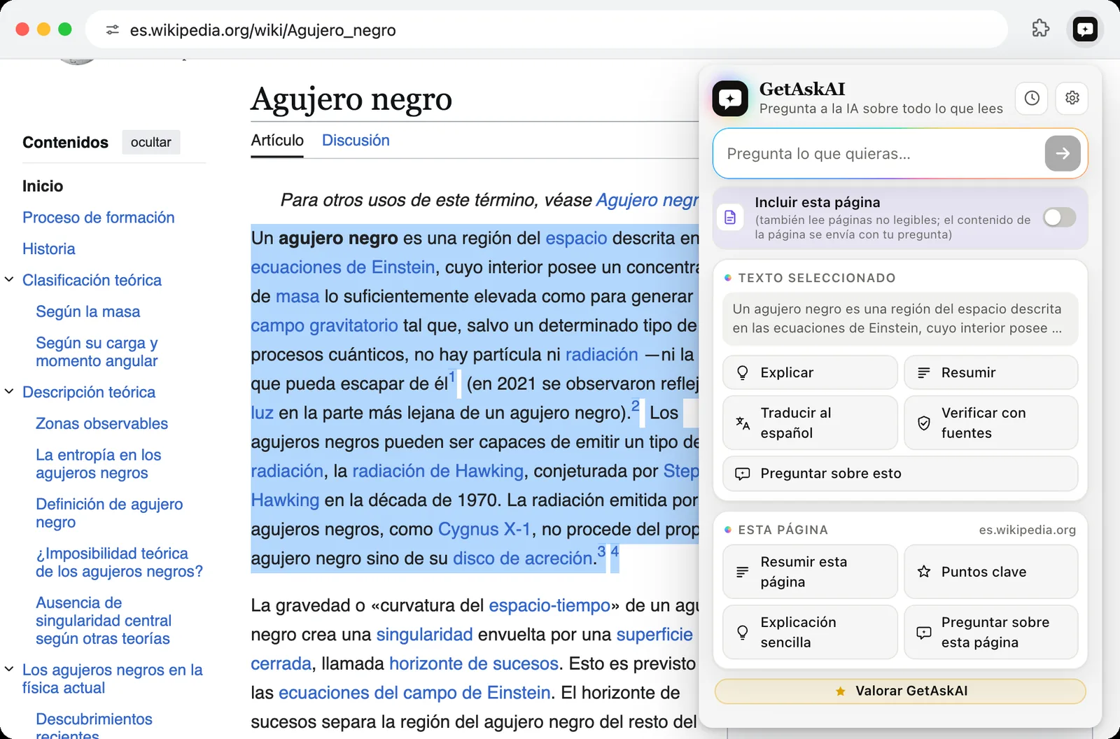 Párrafo seleccionado en Wikipedia y los botones de GetAskAI: Explicar, Resumir, Traducir al español y Verificar con fuentes