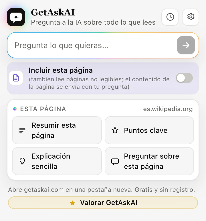 Ventana de la extensión GetAskAI: Resumir esta página, Puntos clave, Explicación sencilla y Preguntar sobre esta página