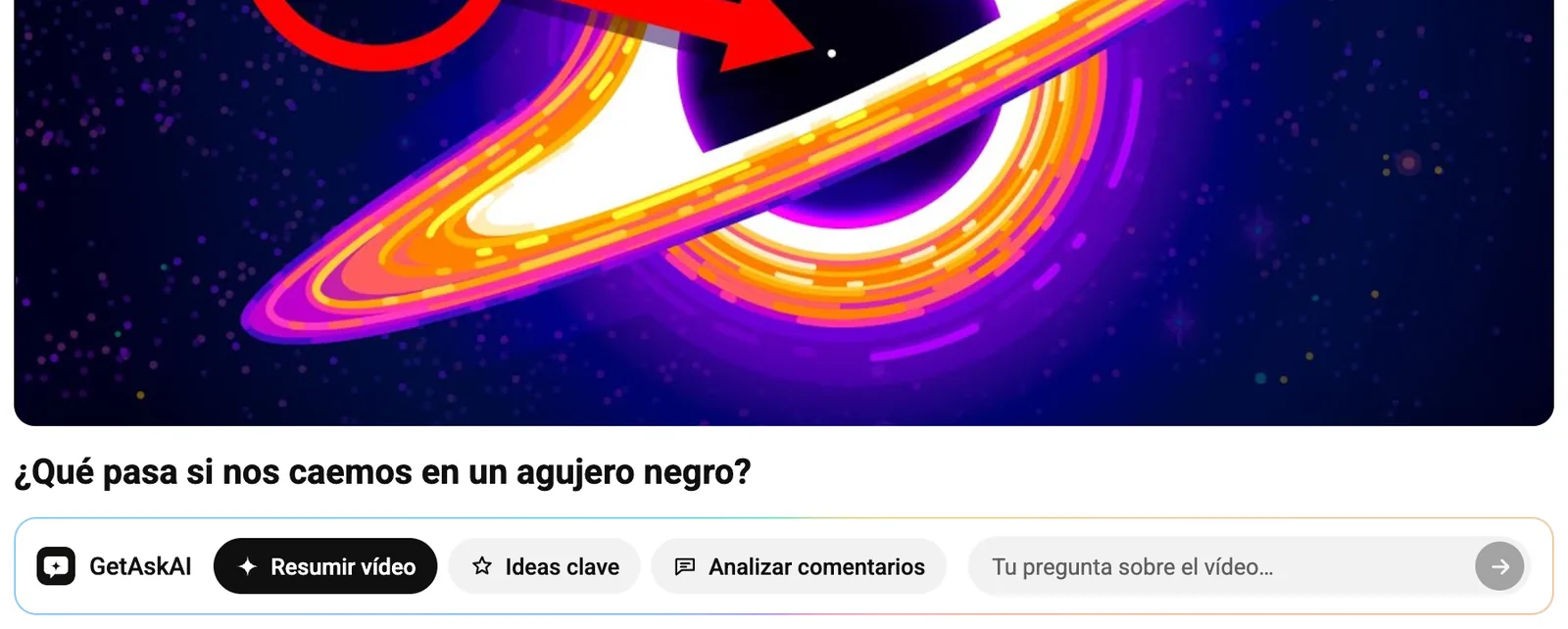 Tarjeta de GetAskAI bajo el título de un vídeo de YouTube: Resumir vídeo, Ideas clave, Analizar comentarios