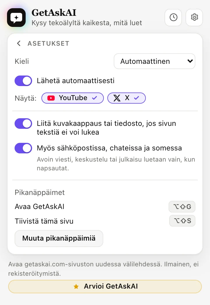 GetAskAI-laajennuksen asetukset: kieli, Lähetä automaattisesti, YouTube ja X, pikanäppäimet