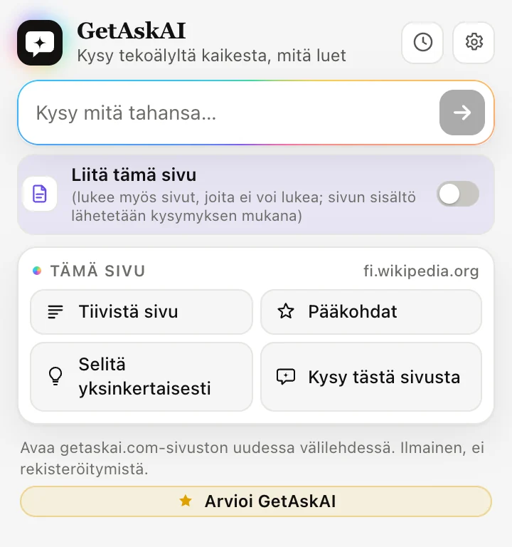 GetAskAI-laajennuksen ikkuna: Tiivistä sivu, Pääkohdat, Selitä yksinkertaisesti ja Kysy tästä sivusta
