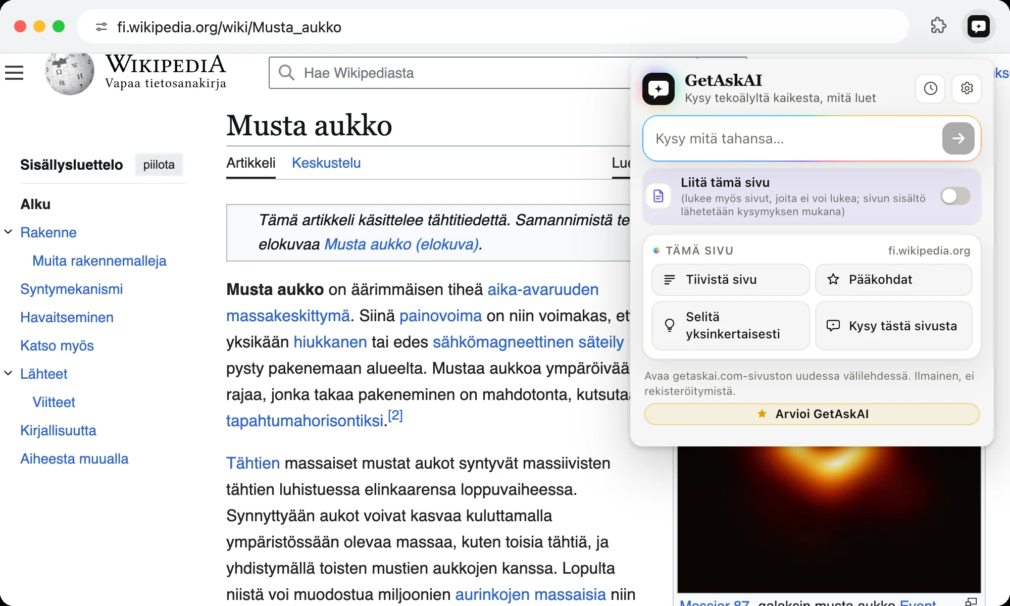 GetAskAI-laajennus auki Wikipedia-sivulla: painikkeet Tiivistä sivu, Pääkohdat ja Selitä yksinkertaisesti