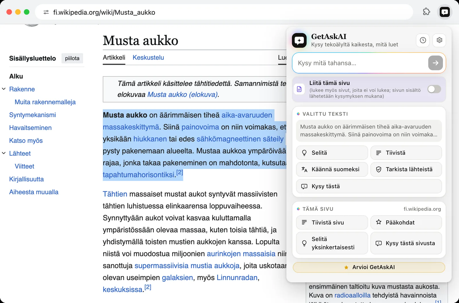 Valittu kappale Wikipediassa ja GetAskAI:n painikkeet Selitä, Tiivistä, Käännä suomeksi, Tarkista lähteistä