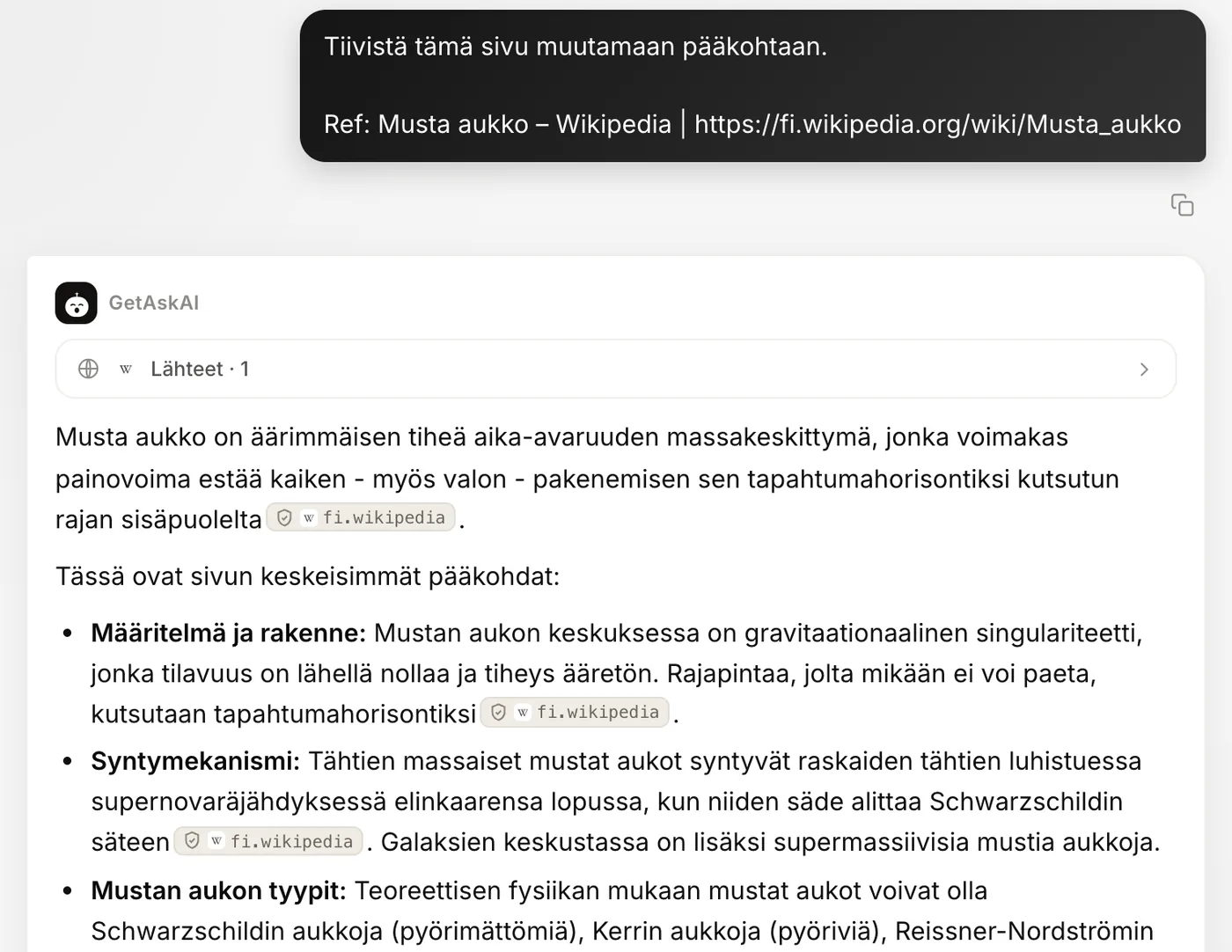 Wikipedia-sivun tiivistelmä luettelona getaskai.com-sivustolla lähdemerkintöineen