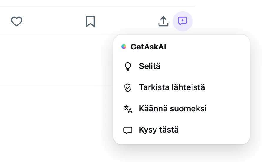GetAskAI-valikko X-julkaisun alla: Selitä, Tarkista lähteistä, Käännä suomeksi, Kysy tästä