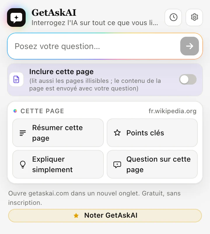 Fenêtre de l'extension GetAskAI : Résumer cette page, Points clés, Expliquer simplement et Question sur cette page