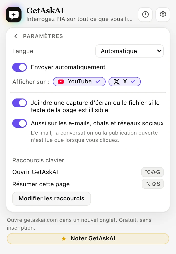 Paramètres de l'extension GetAskAI : langue, Envoyer automatiquement, YouTube et X, raccourcis clavier