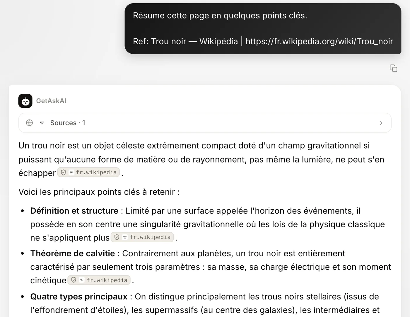 Sur getaskai.com, résumé à puces d'une page Wikipédia avec les étiquettes de source