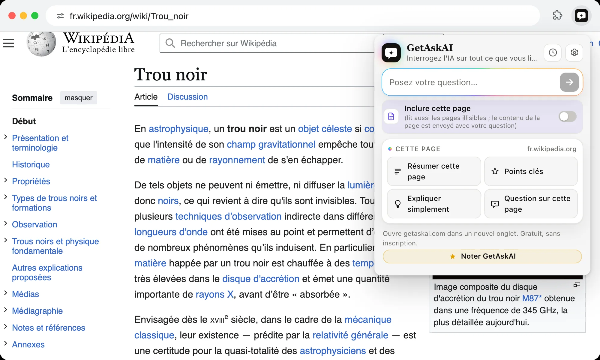Extension GetAskAI ouverte sur une page Wikipédia, avec les boutons Résumer cette page, Points clés et Expliquer simplement
