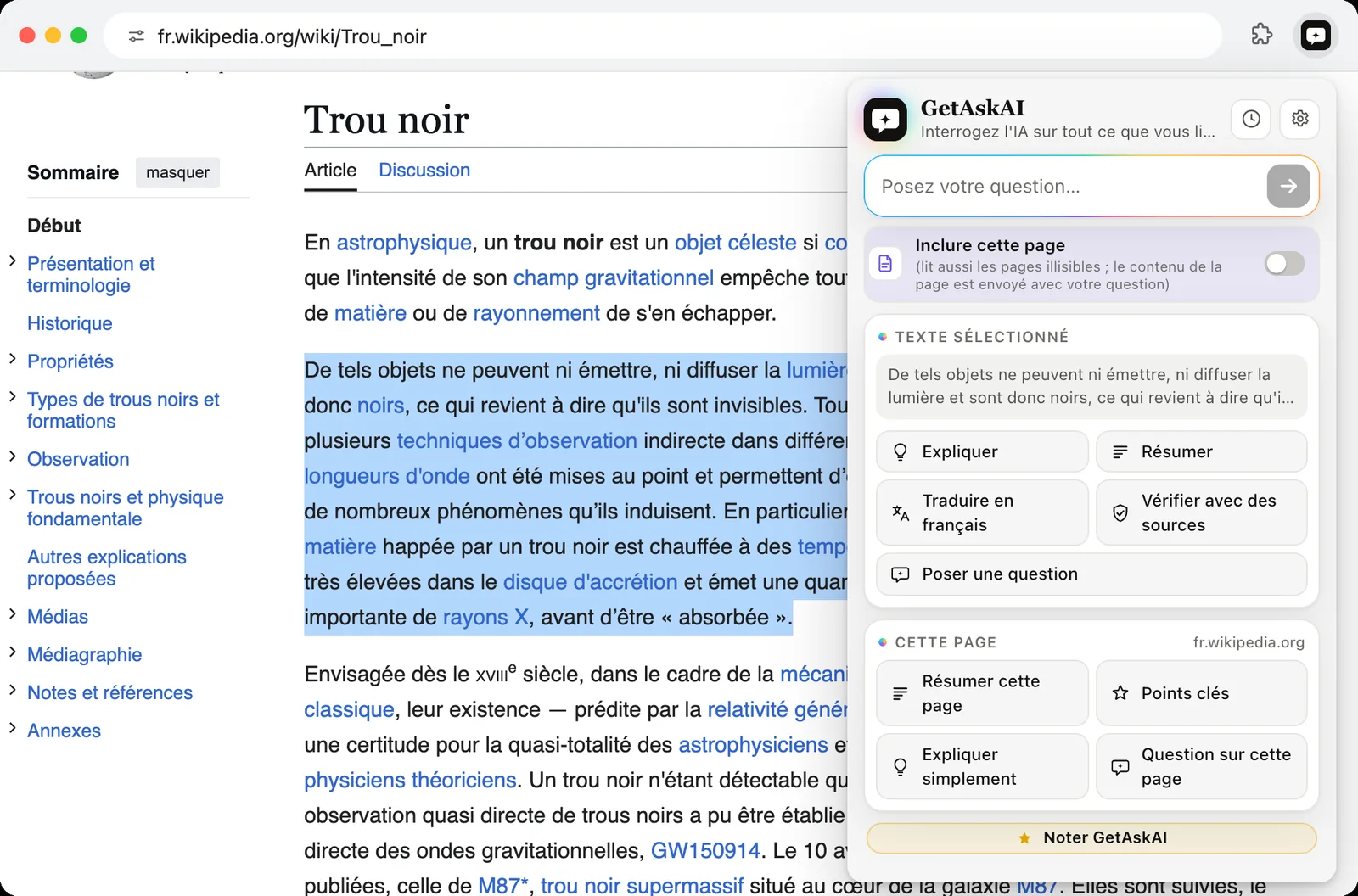 Paragraphe sélectionné sur Wikipédia et boutons GetAskAI : Expliquer, Résumer, Traduire en français, Vérifier avec des sources