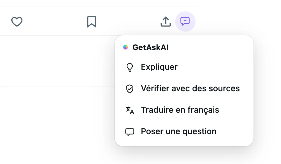 Menu GetAskAI sous une publication X : Expliquer, Vérifier avec des sources, Traduire en français, Poser une question