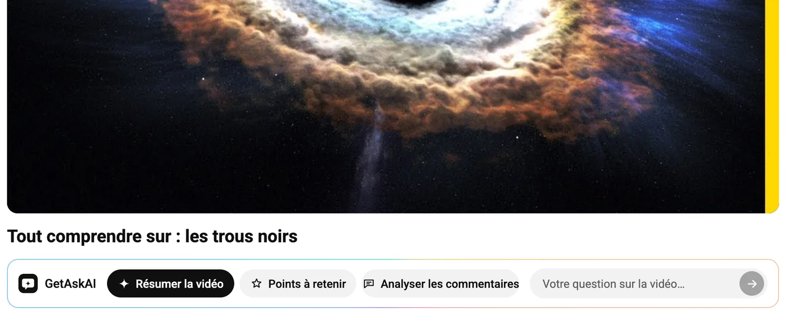 Carte GetAskAI sous le titre d'une vidéo YouTube : Résumer la vidéo, Points à retenir, Analyser les commentaires