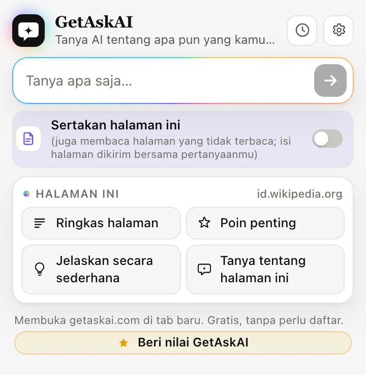 Jendela ekstensi GetAskAI: Ringkas halaman, Poin penting, Jelaskan secara sederhana, dan Tanya tentang halaman ini