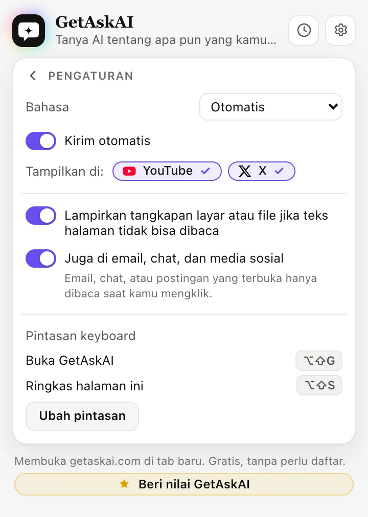 Pengaturan ekstensi GetAskAI: bahasa, Kirim otomatis, YouTube dan X, pintasan keyboard