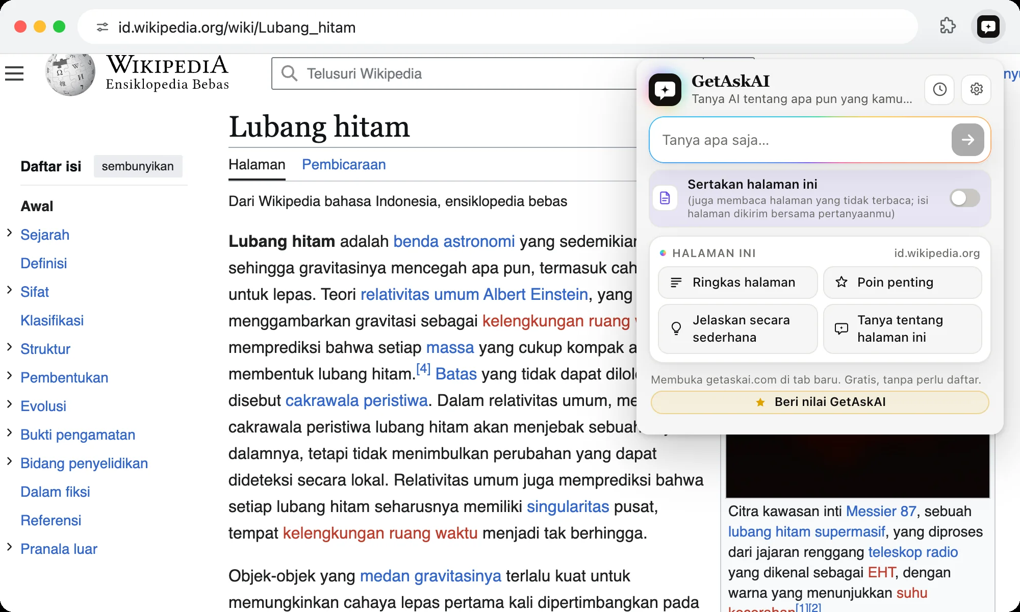 Ekstensi GetAskAI terbuka di halaman Wikipedia dengan tombol Ringkas halaman, Poin penting, dan Jelaskan secara sederhana