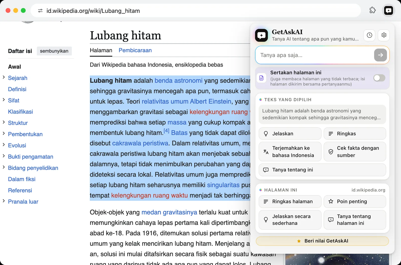 Paragraf terpilih di Wikipedia dan tombol GetAskAI: Jelaskan, Ringkas, Terjemahkan ke bahasa Indonesia, Cek fakta dengan sumber