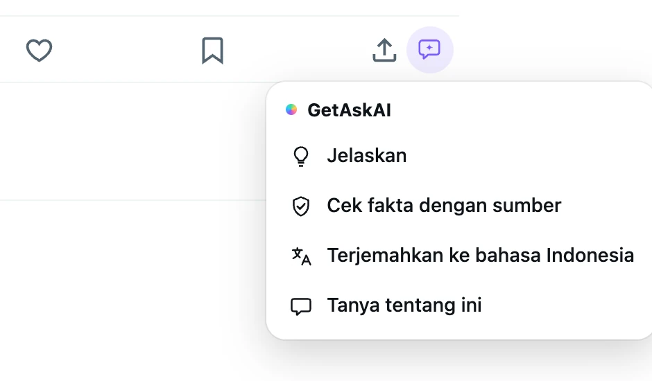 Menu GetAskAI di bawah postingan X: Jelaskan, Cek fakta dengan sumber, Terjemahkan ke bahasa Indonesia, Tanya tentang ini