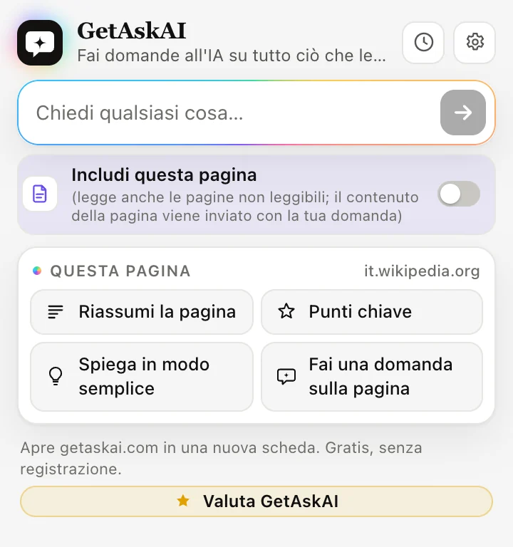 Finestra dell'estensione GetAskAI: Riassumi la pagina, Punti chiave, Spiega in modo semplice e Fai una domanda sulla pagina