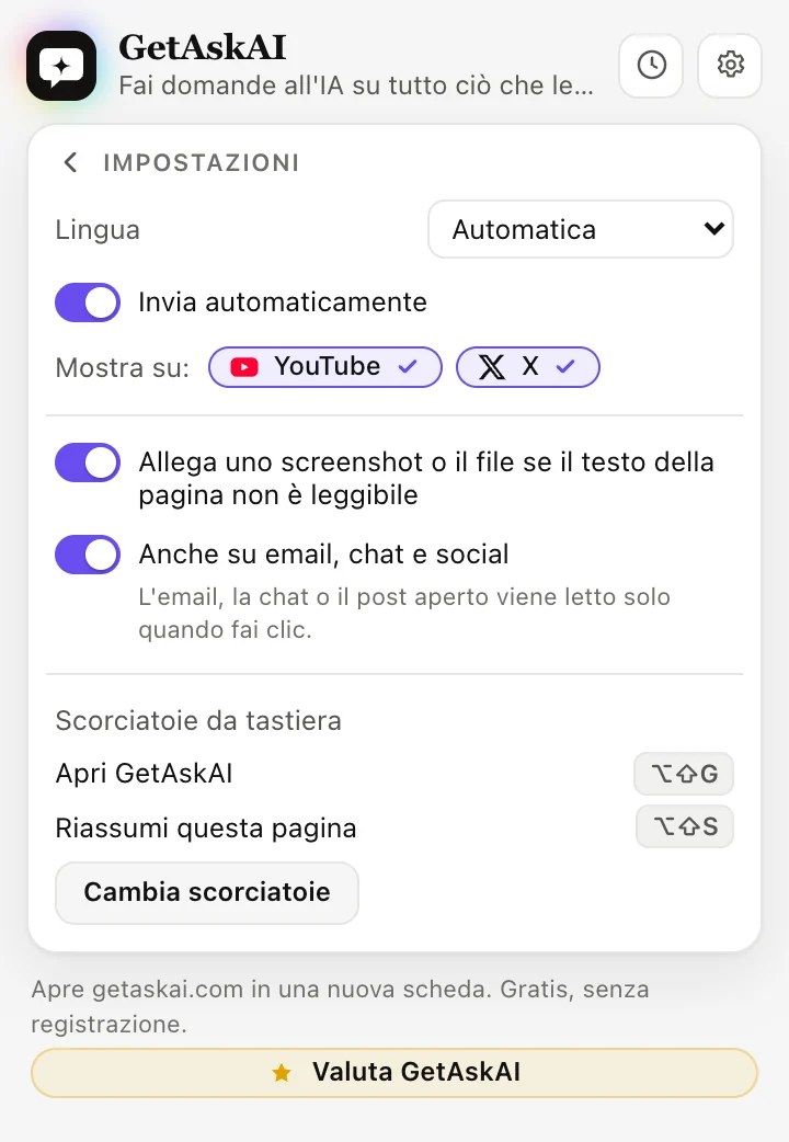 Impostazioni dell'estensione GetAskAI: lingua, Invia automaticamente, YouTube e X, scorciatoie da tastiera
