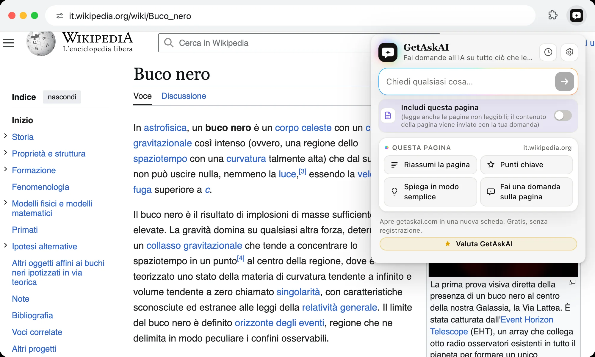 Estensione GetAskAI aperta su una pagina di Wikipedia, con i pulsanti Riassumi la pagina, Punti chiave e Spiega in modo semplice