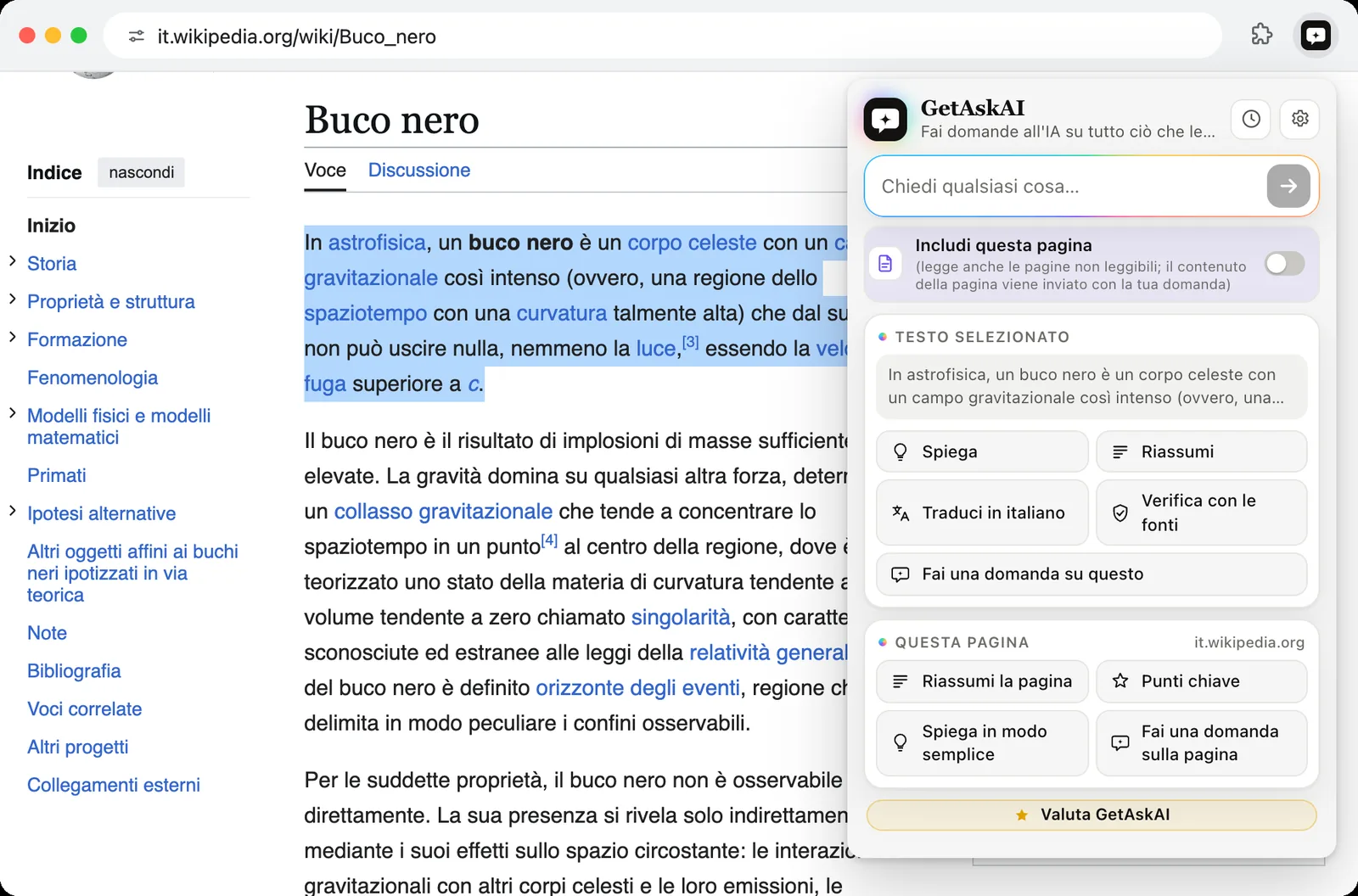 Paragrafo selezionato su Wikipedia e pulsanti GetAskAI: Spiega, Riassumi, Traduci in italiano, Verifica con le fonti