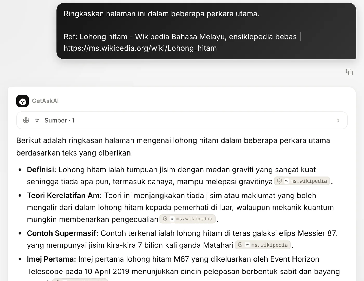 Ringkasan halaman Wikipedia dalam bentuk senarai beserta label sumber di getaskai.com