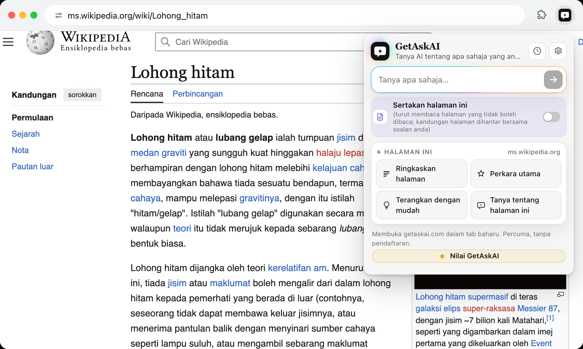 Sambungan GetAskAI dibuka pada halaman Wikipedia dengan butang Ringkaskan halaman, Perkara utama dan Terangkan dengan mudah