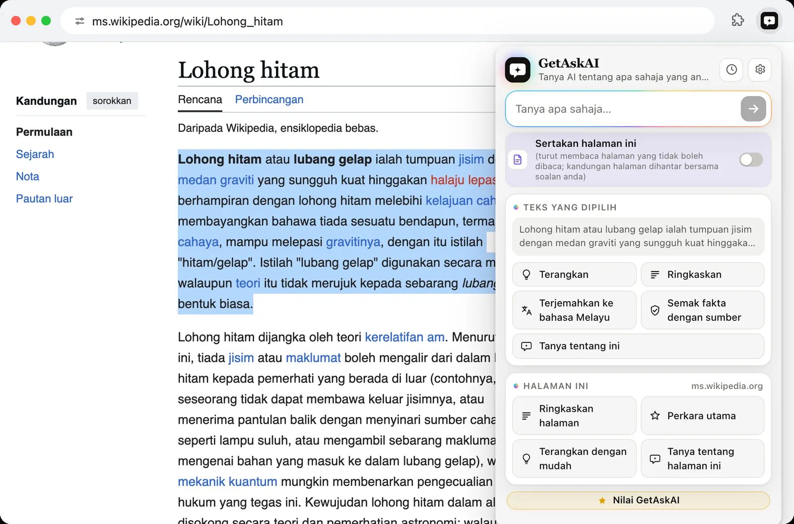 Perenggan terpilih di Wikipedia dan butang GetAskAI: Terangkan, Ringkaskan, Terjemahkan ke bahasa Melayu, Semak fakta dengan sumber