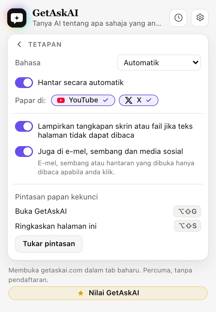 Tetapan sambungan GetAskAI: bahasa, Hantar secara automatik, YouTube dan X, pintasan papan kekunci