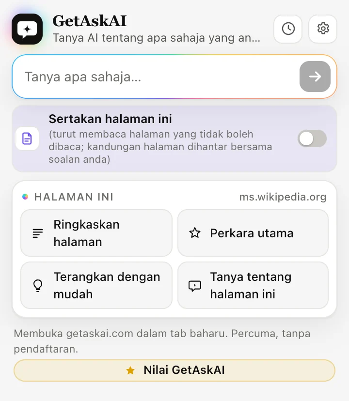 Tetingkap sambungan GetAskAI: Ringkaskan halaman, Perkara utama, Terangkan dengan mudah dan Tanya tentang halaman ini