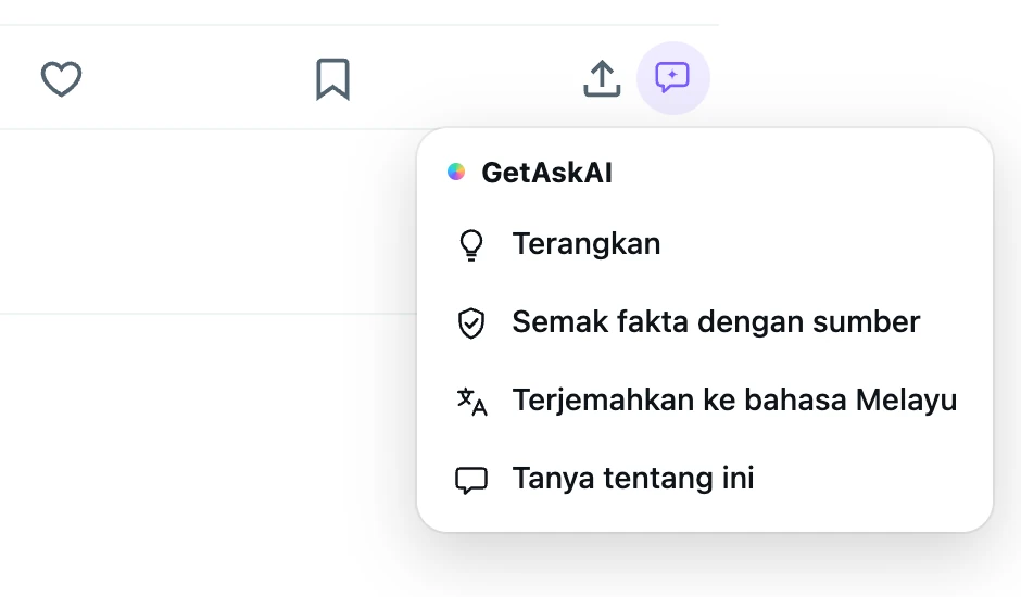 Menu GetAskAI di bawah hantaran X: Terangkan, Semak fakta dengan sumber, Terjemahkan ke bahasa Melayu, Tanya tentang ini